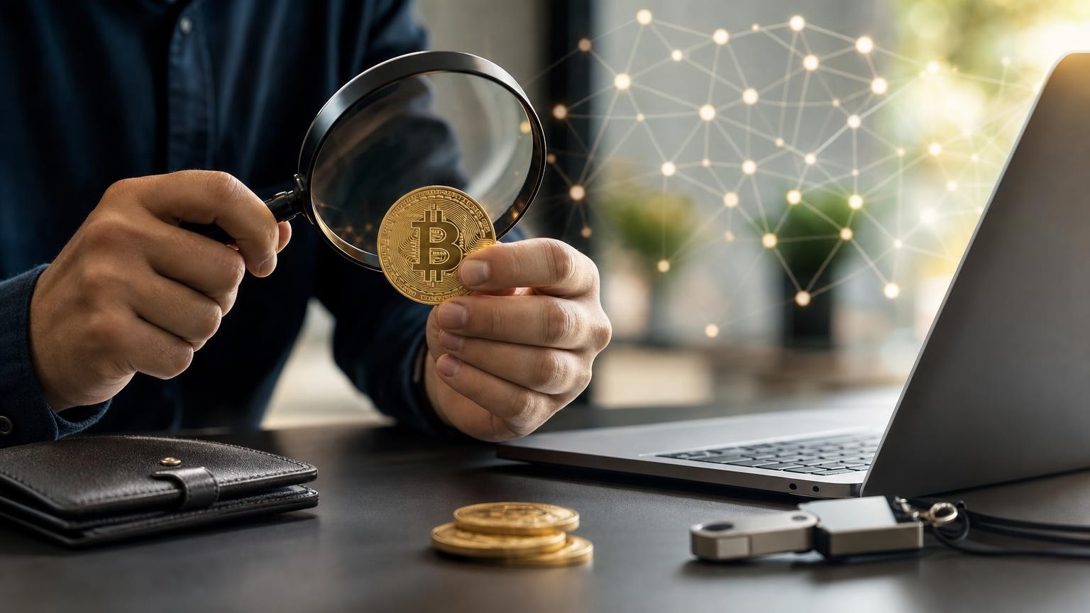 A Bitcoin wallet confirmation screen beside an exchange order, with the BTC address, network, amount, fee, and transaction details being checked